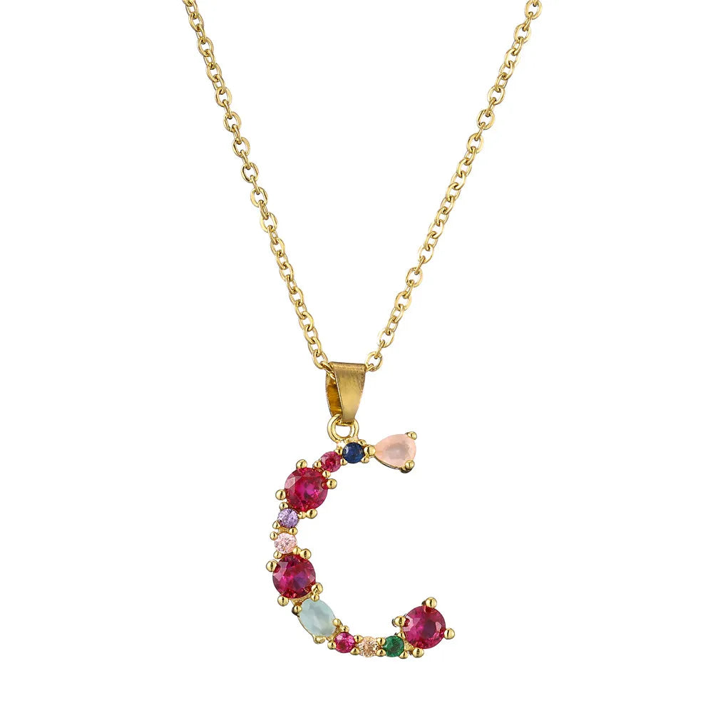 2024 New Hot Colourful Crystal AAA CZ 26 Capital Letters Pendant Necklace For Women Girl Gold Color Copper Initial Name Jewelry Vera Lux