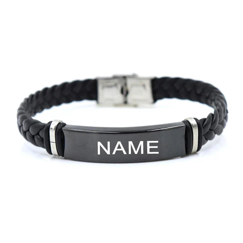 Custom logo Name Engrave Leather Bracelet Black Color customize Stainless Steel Bracelets For Women Men ID Bracelet Vera Lux