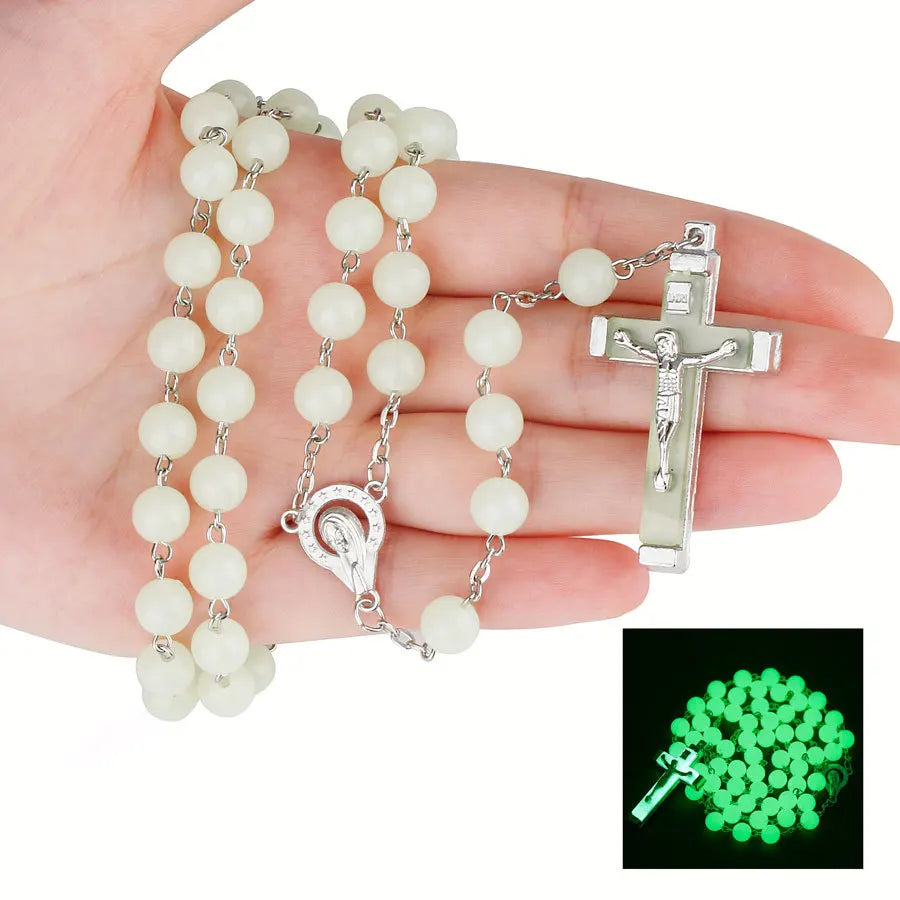8MM Glow In The Dark Rosary Bead Chain Necklaces For Women INRI Crucifix Cross Pendant luminous Necklace Religious Jewelry Vera Lux