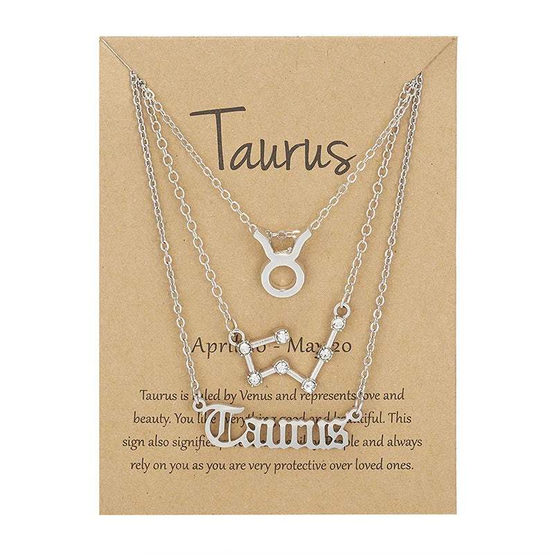 3Pcs/set 12 Zodiac Sign Necklace For Women 12 Constellation Pendant Chain Choker Birthday Jewelry With Cardboard Card Vera Lux
