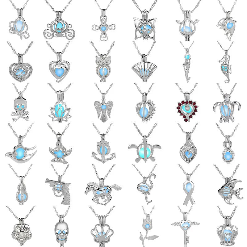 Glow in The Dark Locket necklace For Women Gun skull Heart mermaid Cross tortoise Glowing beads cage pendant Fashion Jewelry Vera Lux