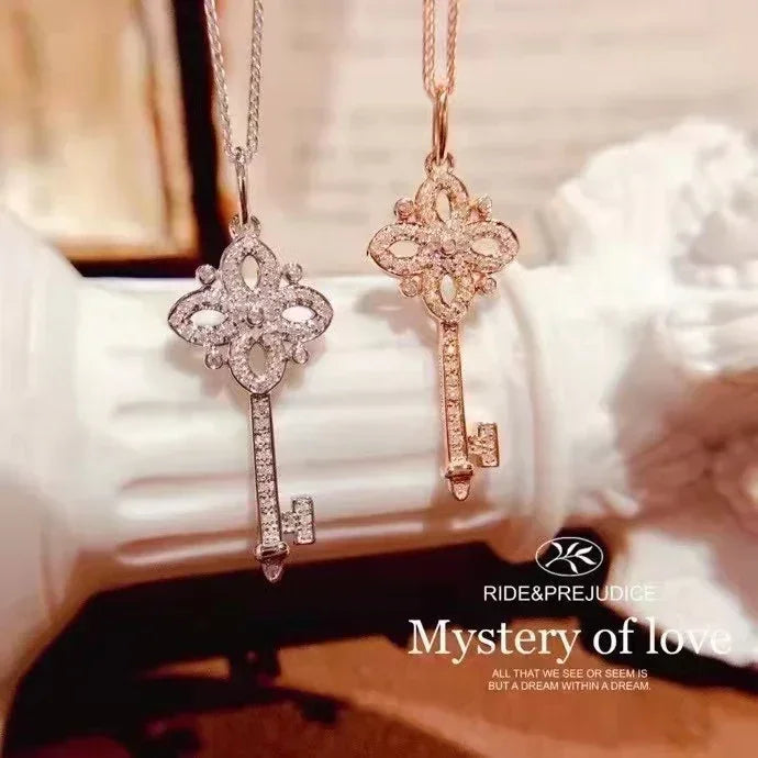 925 Sterling Silver Pave Crystal Vintage Key Pendant 14k Gold Plating Necklace Women Light Luxury Temperament Dress Jewelry Femstylo