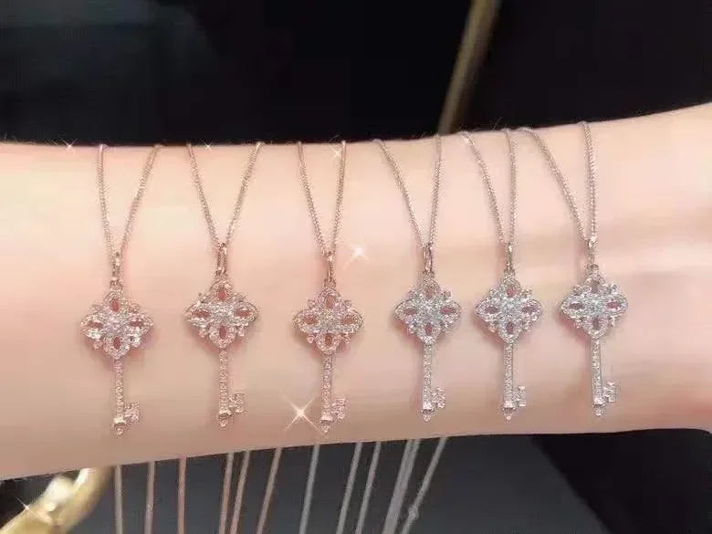 925 Sterling Silver Pave Crystal Vintage Key Pendant 14k Gold Plating Necklace Women Light Luxury Temperament Dress Jewelry Femstylo