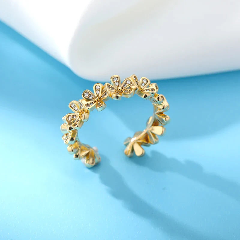 Ladies Flower Open Rings For Women Stainless Steel Cubic Zircon Flower Open Adjustable Ring Jewelry Students Girl Gift Vera Lux