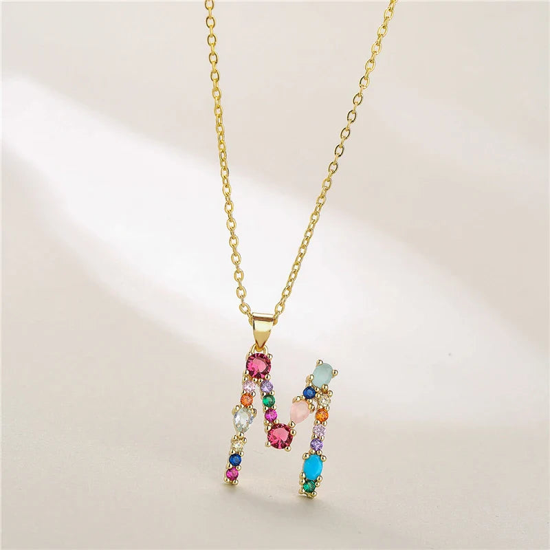 2024 New Hot Colourful Crystal AAA CZ 26 Capital Letters Pendant Necklace For Women Girl Gold Color Copper Initial Name Jewelry Vera Lux