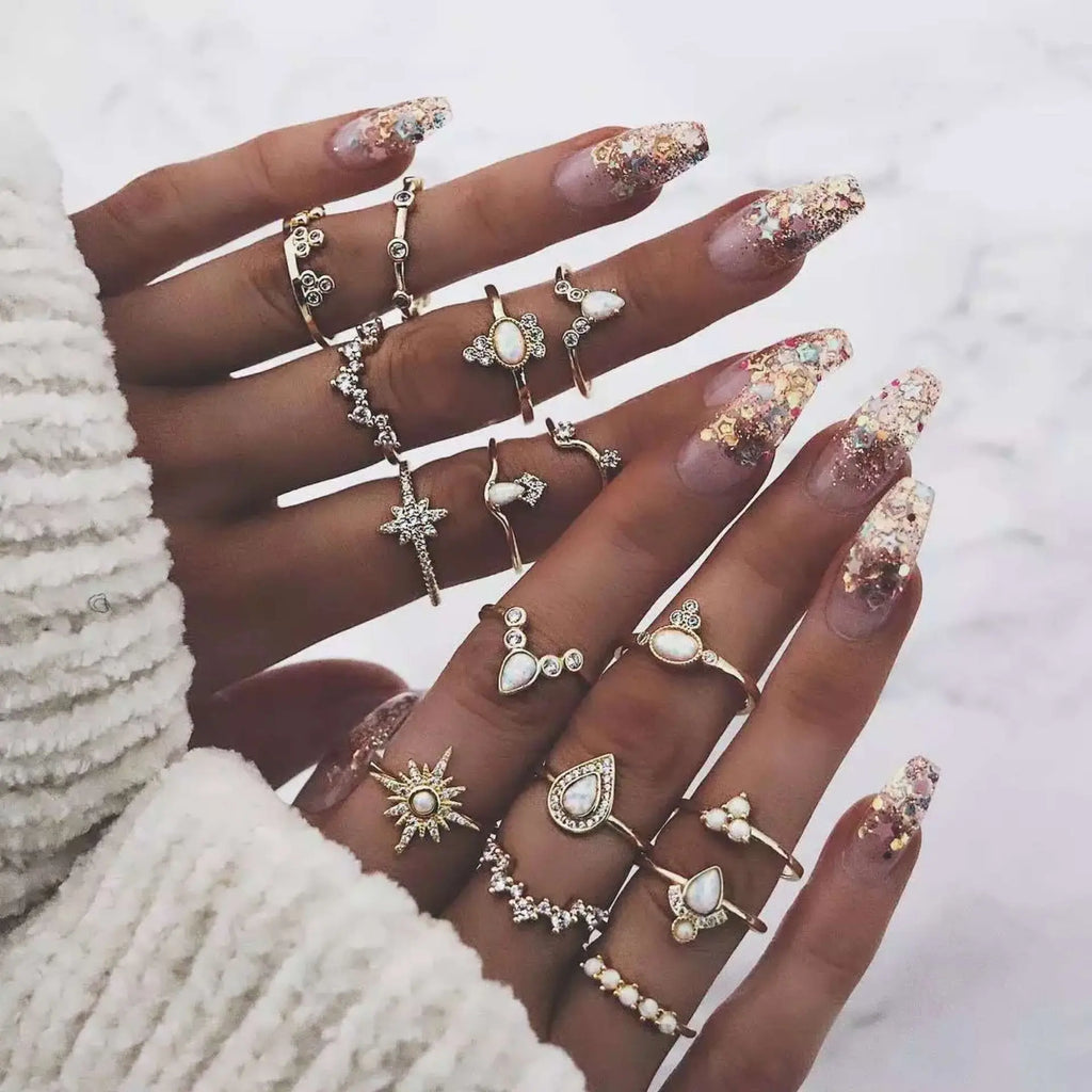 Trendy Geometric Moon Knuckle Finger Rings Set For Women 2021 Bohemian Crystal stone Female Ring Wedding Jewelry Vera Lux