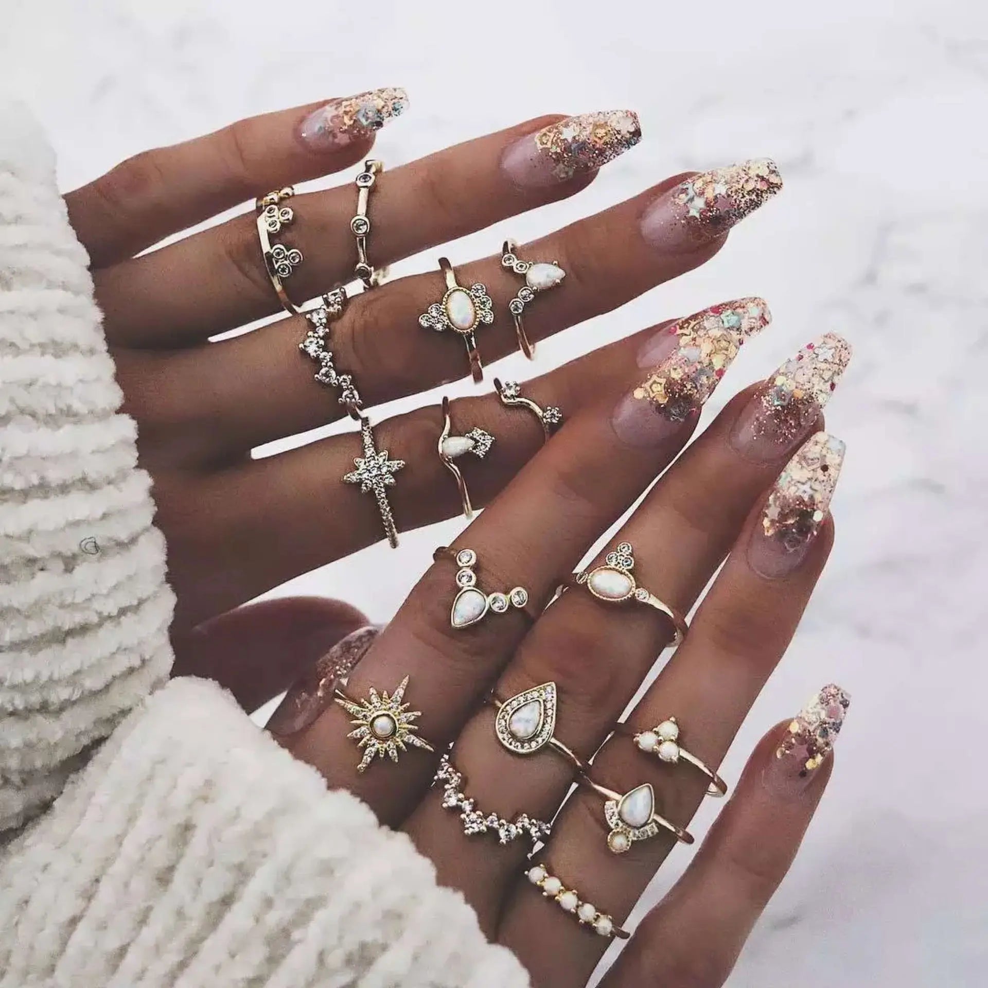 Trendy Geometric Moon Knuckle Finger Rings Set For Women 2021 Bohemian Crystal stone Female Ring Wedding Jewelry Vera Lux