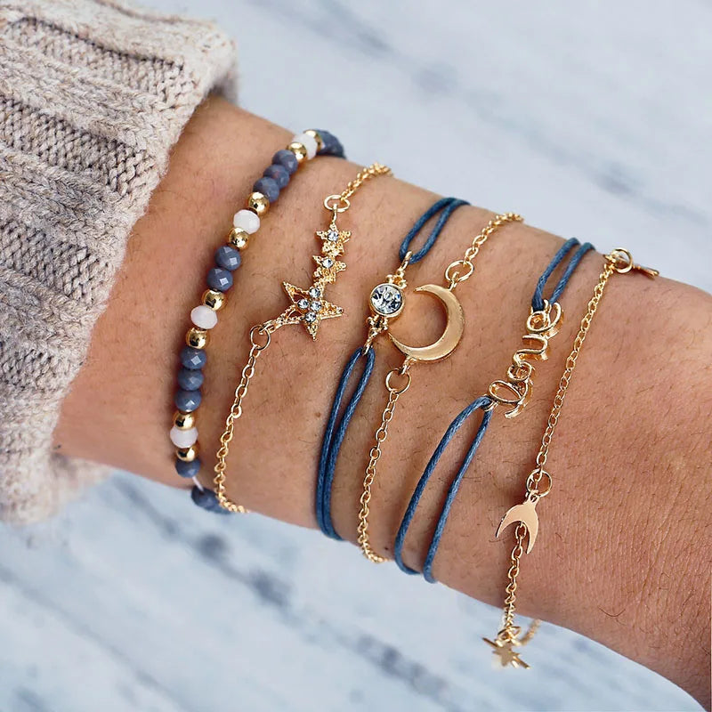 4pcs/Set Bohemian Stone beads chains bracelets Set For Women Metal Heart Round Tassel charm Bangle Fashion Jewelry Vera Lux