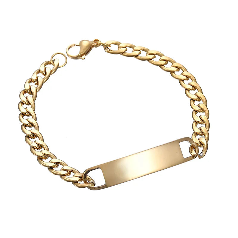 Akizoom Punk Engrave Name Custom Bracelets Gold Color Stainless Steel Thick Hand Chain Customized Couple Men Women Jewelry Gift Vera Lux