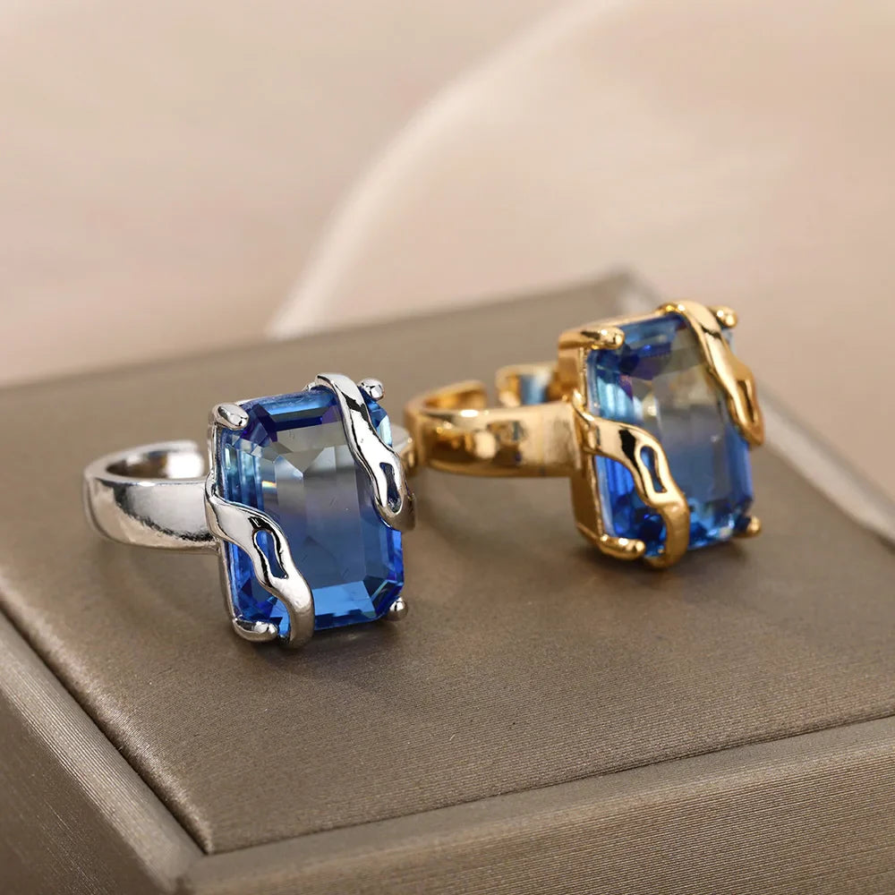 Minimalist Zircon Blue Crystal Stone Rings For Women Stainless Steel Cubic Zirconia Square Geometry Ring Party Jewelry Gift Vera Lux