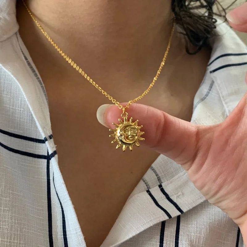 Bohemian Moon and Sun Face Pendant Necklaces Golden Minimalist Layered Coin Necklace For Women Men Jewelry Friendship Gift BFF Vera Lux