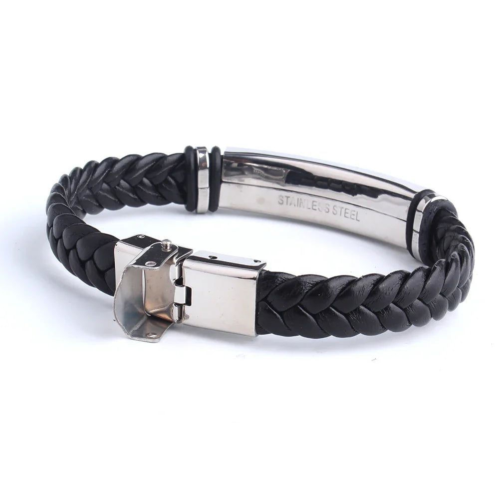 Custom logo Name Engrave Leather Bracelet Black Color customize Stainless Steel Bracelets For Women Men ID Bracelet Vera Lux