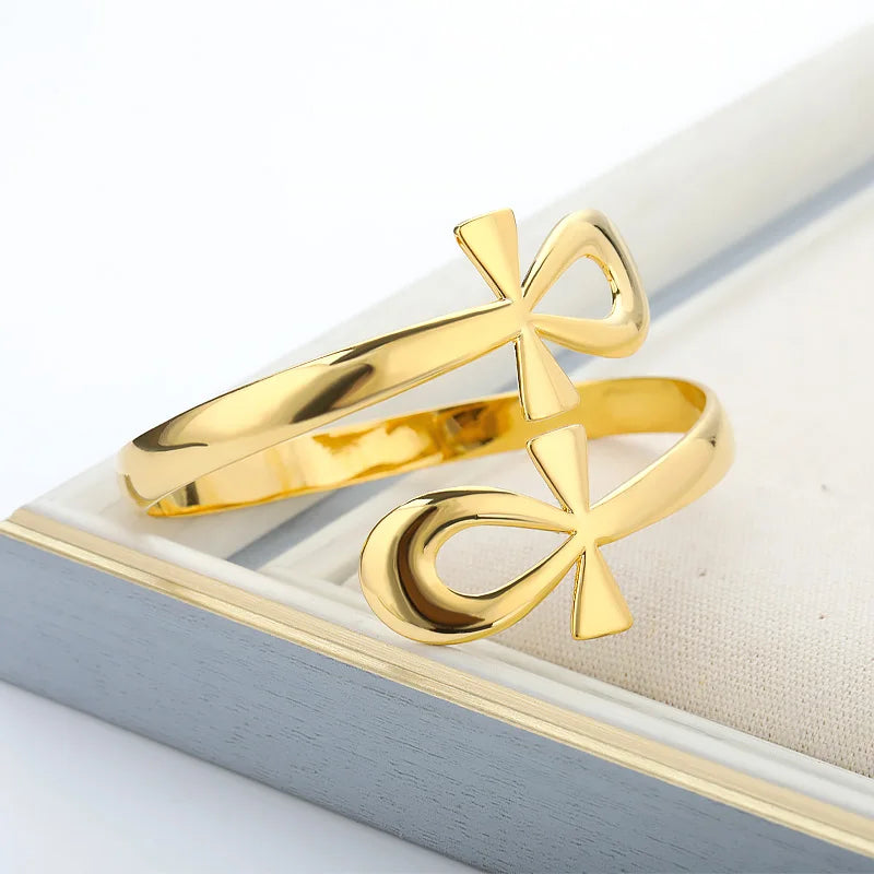 Egyptian Double Circle Ankh Cross Bracelet Bangles For Women Men Vintage Stainless Steel Key of Life Bracelet Femme Jewelry Vera Lux