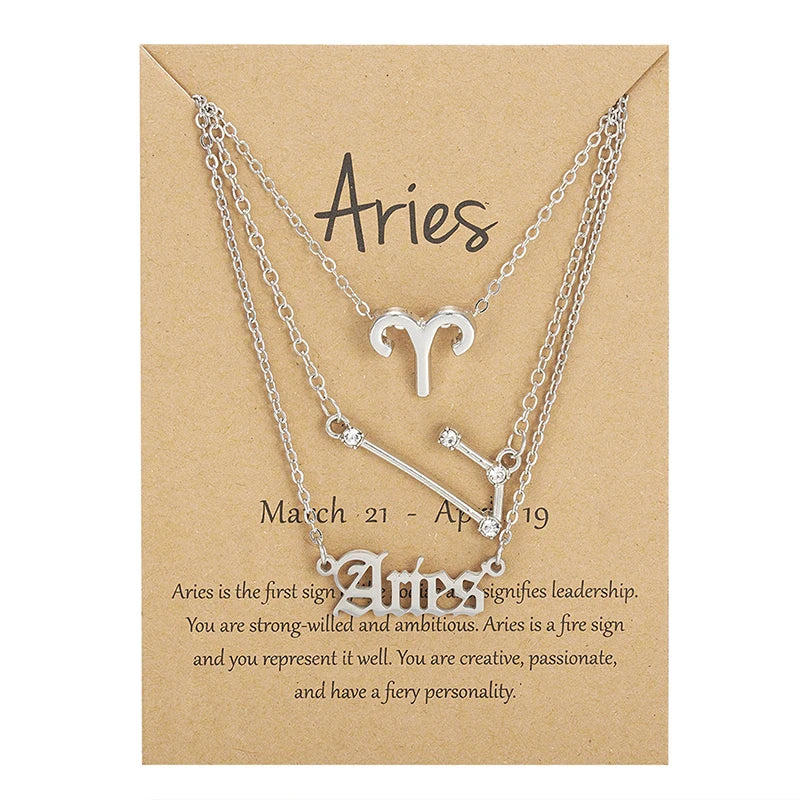 3Pcs/set 12 Zodiac Sign Necklace For Women 12 Constellation Pendant Chain Choker Birthday Jewelry With Cardboard Card Vera Lux