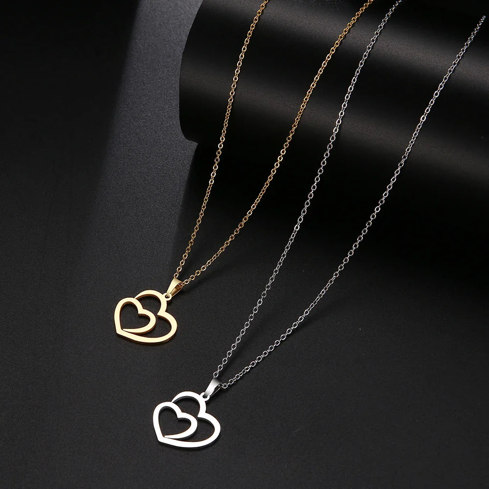 DOTIFI Stainless Steel Necklace For Women Man Hollow Double Heart Choker Pendant Charms Necklace Engagement Jewelry Vera Lux