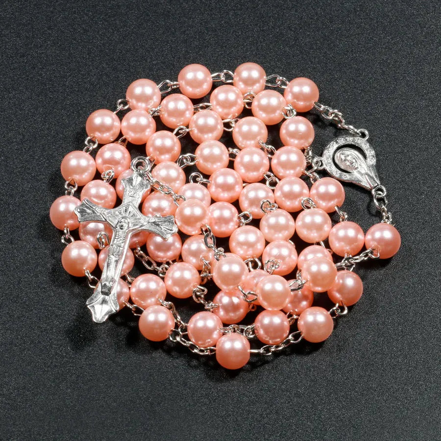 Religion Christian Faux pearl Rosary necklace For Women Virgin Mary Jesus Cross pendant Long beads chains Fashion Jewelry Vera Lux