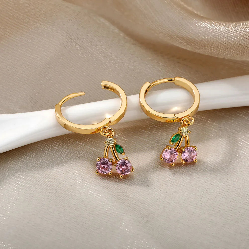 Crystal Fruit Cherry Drop Earrings For Women Stainless Steel Pink Cherry Earring Femme Fairy Fashion Boho Jewerly Gift 2023 Vera Lux