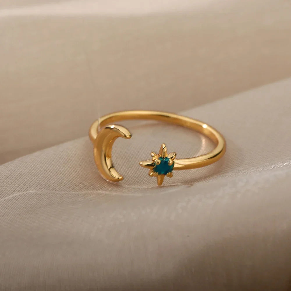 Zircon Moon Rings For Women Stainless Steel Glowing Moon Star Adjustable Finger Ring Aesthetic Wedding Jewelery Gift bague femme Vera Lux
