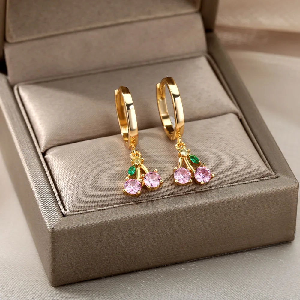 Crystal Fruit Cherry Drop Earrings For Women Stainless Steel Pink Cherry Earring Femme Fairy Fashion Boho Jewerly Gift 2023 Vera Lux