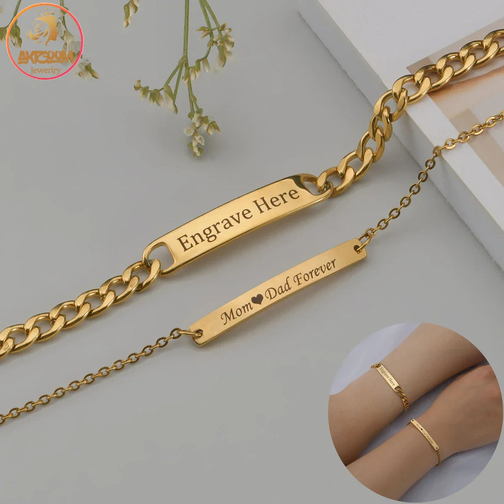 Akizoom Punk Engrave Name Custom Bracelets Gold Color Stainless Steel Thick Hand Chain Customized Couple Men Women Jewelry Gift Vera Lux