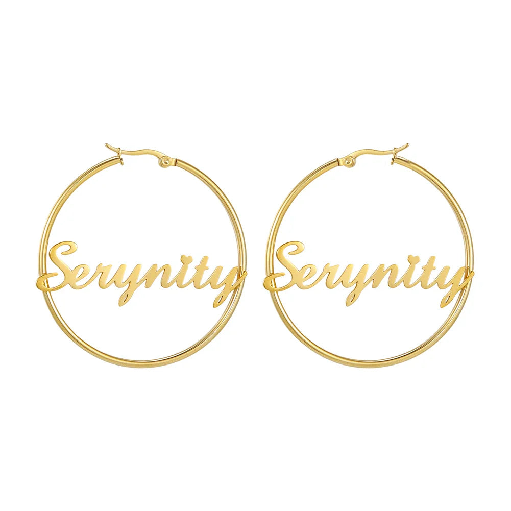 Sipuris Stainless Steel Personalized Customize Name Hoop Earrings Jewelry For Women Girls Circle Earring Fashion 30-60 MM Vera Lux