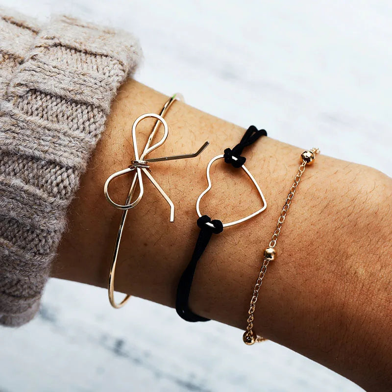 New Bohemian Black Rope Chain Bracelet Set For Women aircraft Shell Moon Heart crystal Charm Bangle Boho Jewelry Vera Lux
