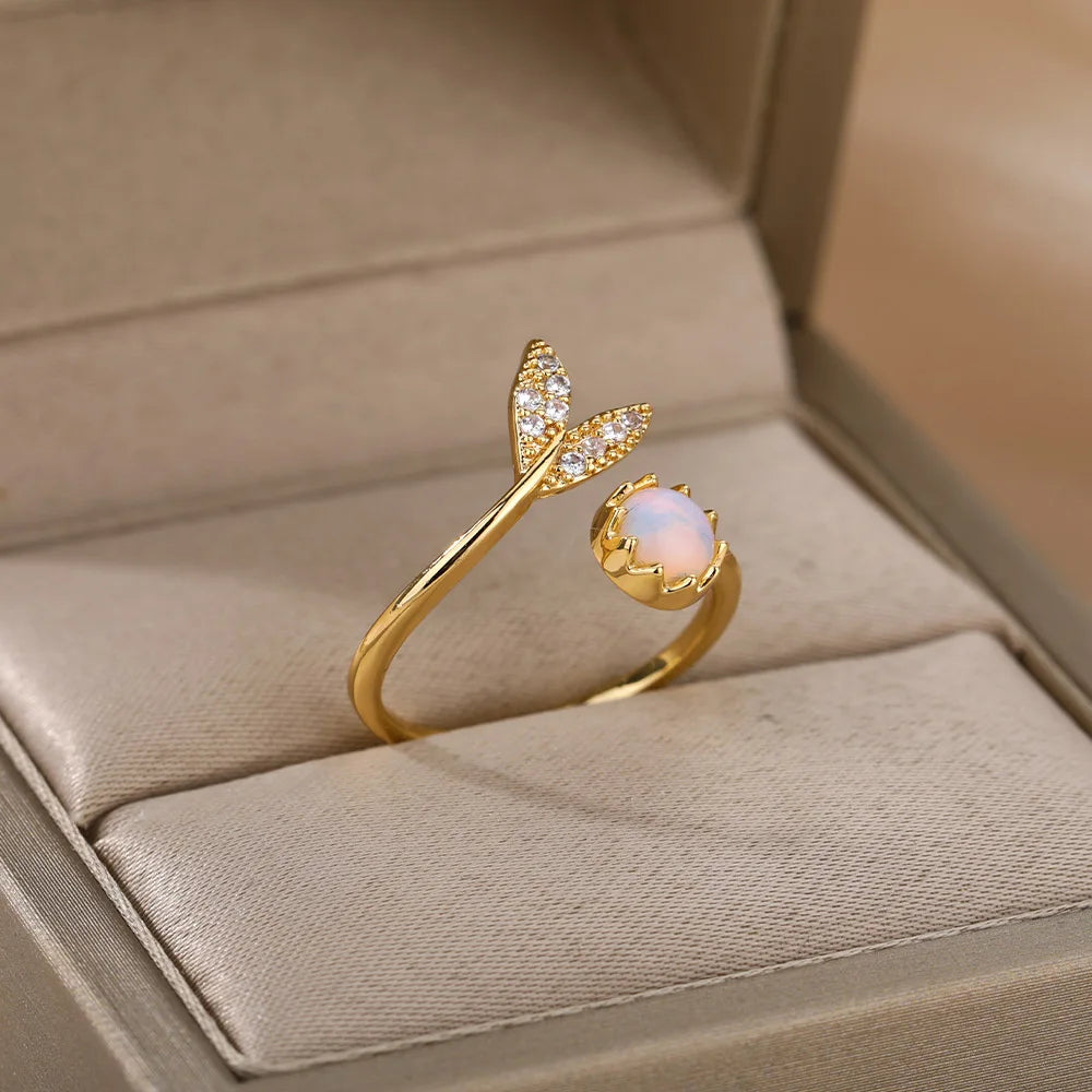 Fashion Leaves Opal Rings For Women Stainless Steel Opal Crystal Stone Leaves Finger Ring Engagement Bohemian Jewelry Gift Vera Lux
