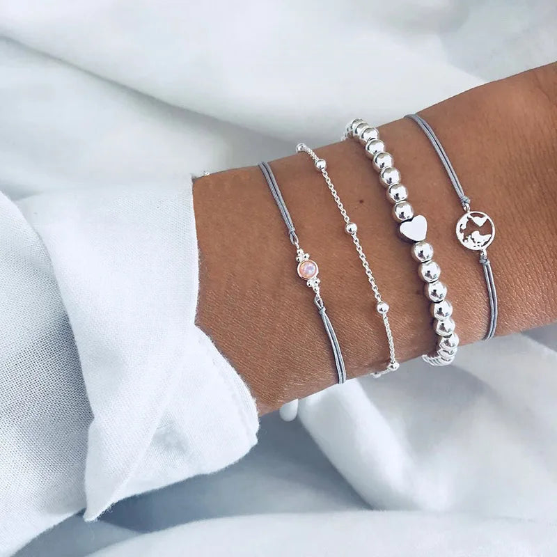 4pcs/Set Bohemian Stone beads chains bracelets Set For Women Metal Heart Round Tassel charm Bangle Fashion Jewelry Vera Lux
