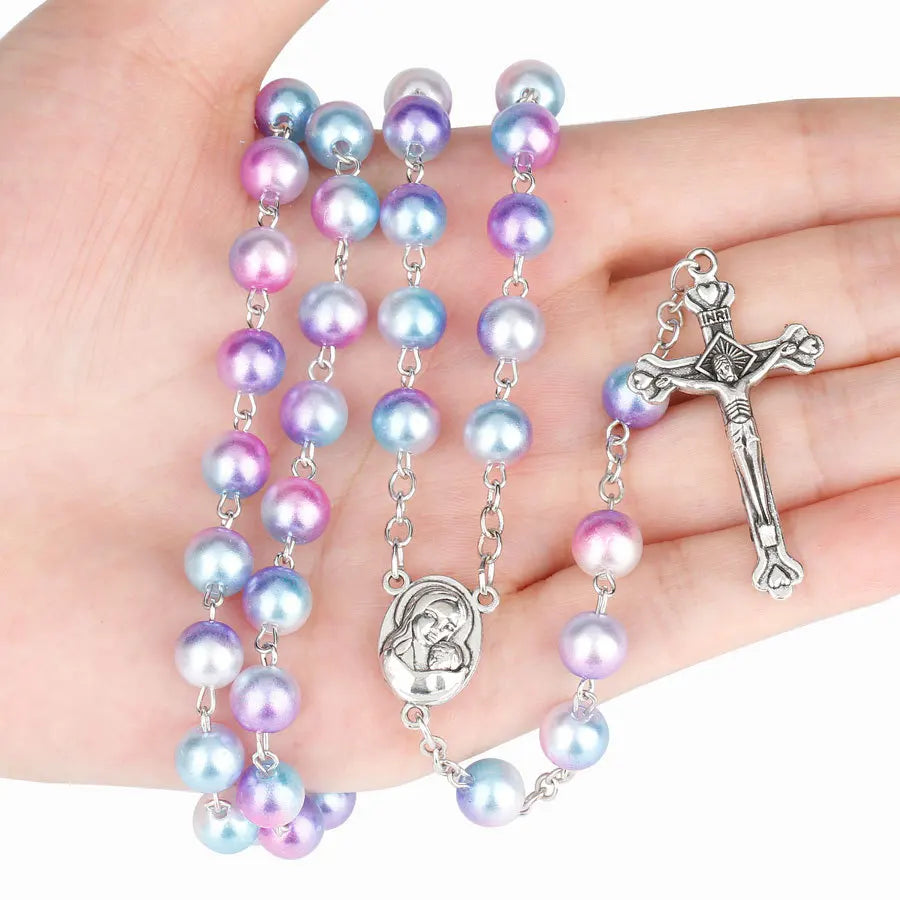 12 colors Religion Rosary necklace For Women Christian Virgin Mary Jesus Cross pendant Long beads chains Fashion Jewelry Gift Vera Lux