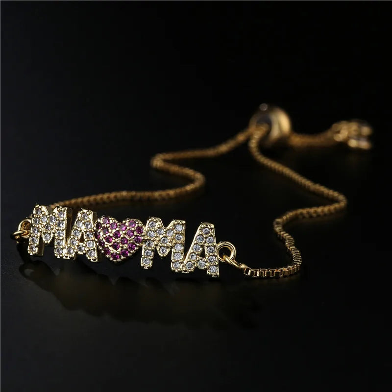 Fashion Gold Color "Mama" Charm Bracelets For Women Girl Adjustable Chain Length Luxury CZ Jewelry Gift For Mom Vera Lux