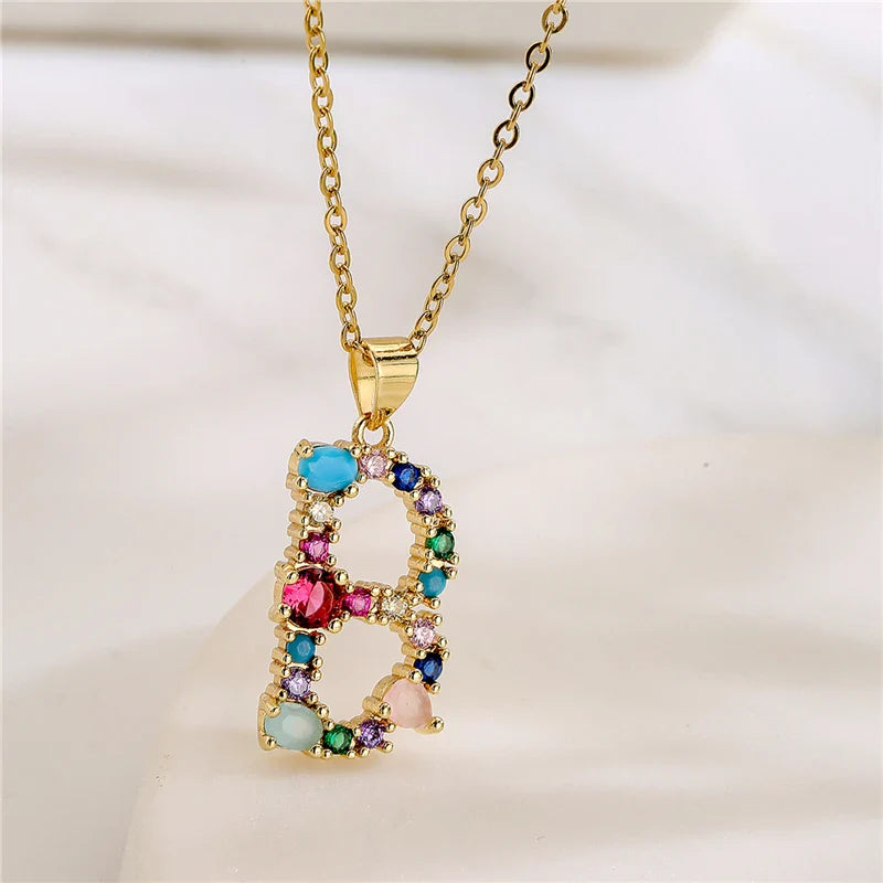 2024 New Hot Colourful Crystal AAA CZ 26 Capital Letters Pendant Necklace For Women Girl Gold Color Copper Initial Name Jewelry Vera Lux