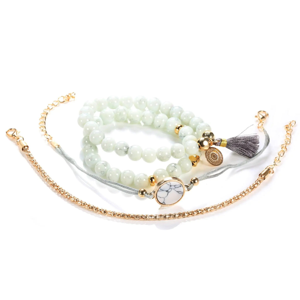 4pcs/Set Bohemian Stone beads chains bracelets Set For Women Metal Heart Round Tassel charm Bangle Fashion Jewelry Vera Lux