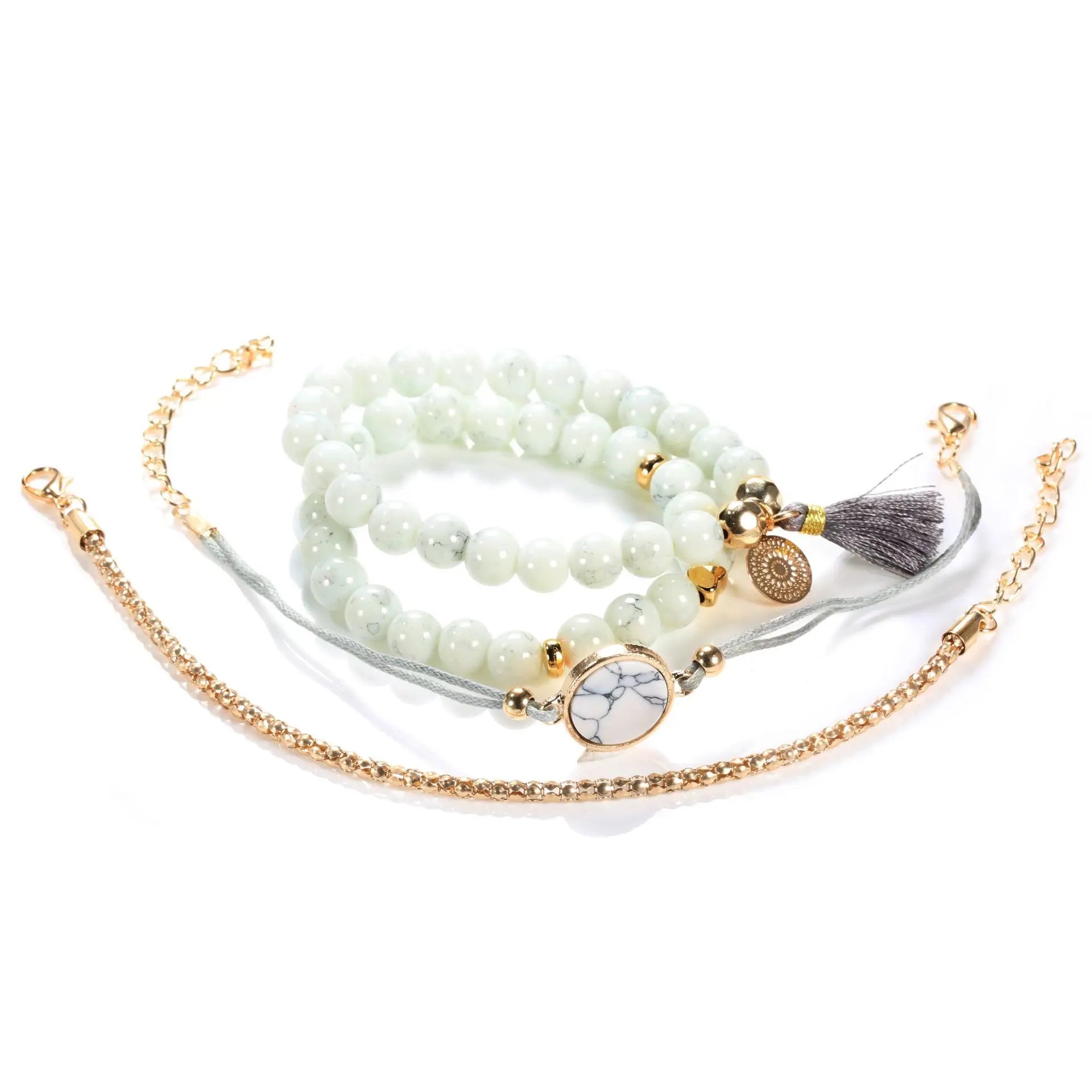 4pcs/Set Bohemian Stone beads chains bracelets Set For Women Metal Heart Round Tassel charm Bangle Fashion Jewelry Vera Lux