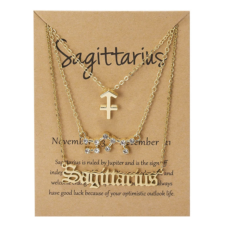 3Pcs/set 12 Zodiac Sign Necklace For Women 12 Constellation Pendant Chain Choker Birthday Jewelry With Cardboard Card Vera Lux