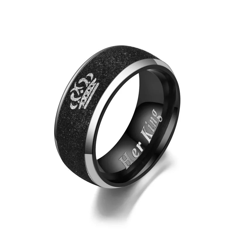 Her King and His Queen Letter Couple Rings For Women Men Crown Black 8MM Stainless Steel Matte Ring Lovers Wedding Jewelry Vera Lux