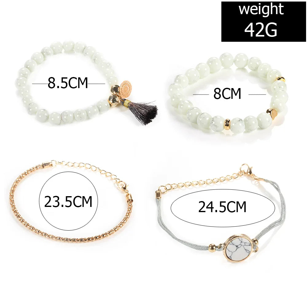 4pcs/Set Bohemian Stone beads chains bracelets Set For Women Metal Heart Round Tassel charm Bangle Fashion Jewelry Vera Lux