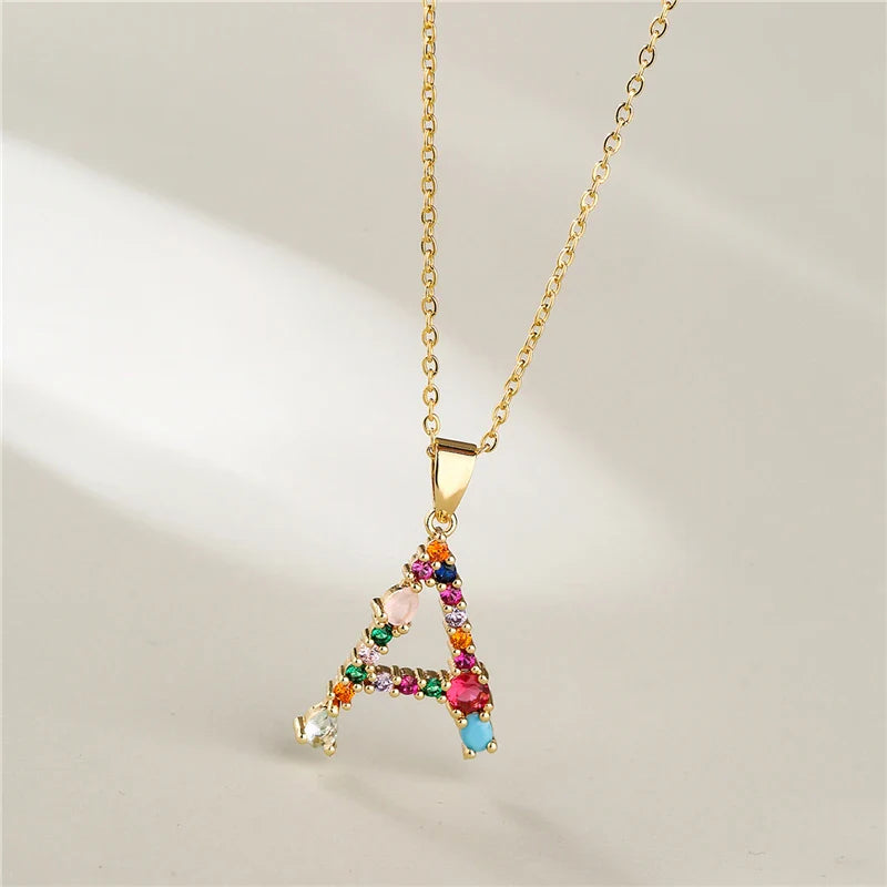 2024 New Hot Colourful Crystal AAA CZ 26 Capital Letters Pendant Necklace For Women Girl Gold Color Copper Initial Name Jewelry Vera Lux