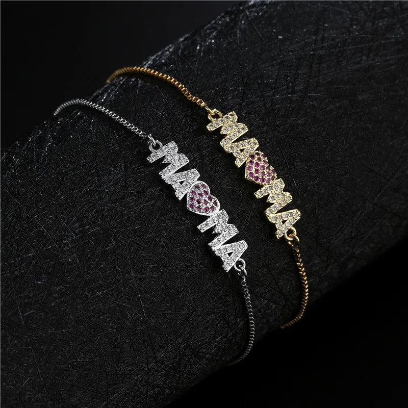 Fashion Gold Color "Mama" Charm Bracelets For Women Girl Adjustable Chain Length Luxury CZ Jewelry Gift For Mom Vera Lux