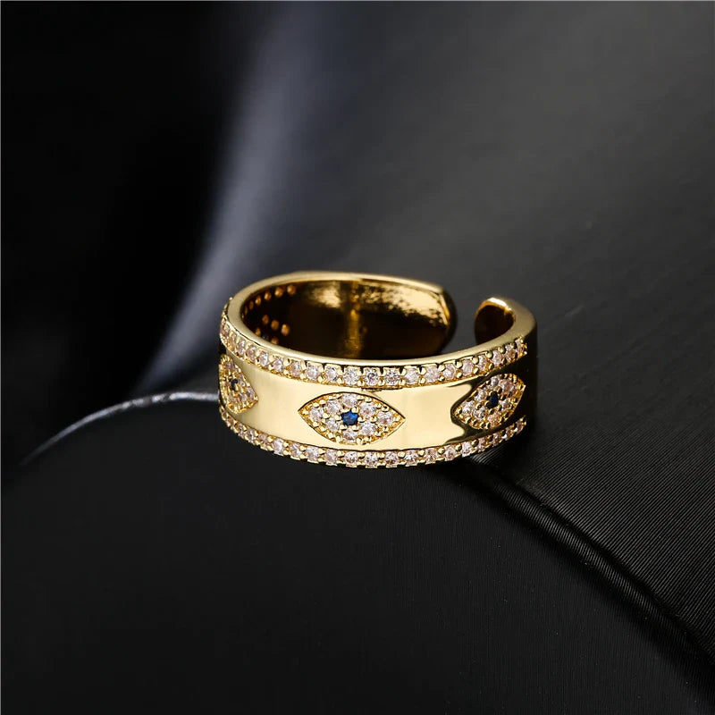NEWBUY 2024 Fashion Gold Color Copper Wedding Jewelry AAA CZ Evil Eye Design Open Ring For Women Girl Engagement Gift Vera Lux