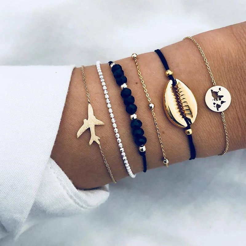 New Bohemian Black Rope Chain Bracelet Set For Women aircraft Shell Moon Heart crystal Charm Bangle Boho Jewelry Vera Lux