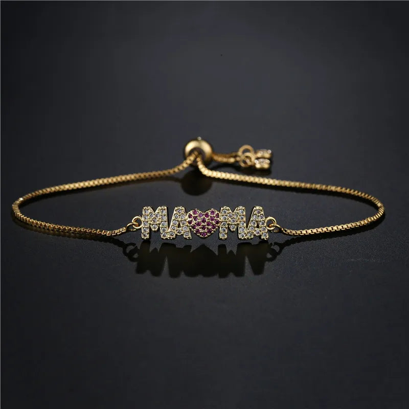 Fashion Gold Color "Mama" Charm Bracelets For Women Girl Adjustable Chain Length Luxury CZ Jewelry Gift For Mom Vera Lux