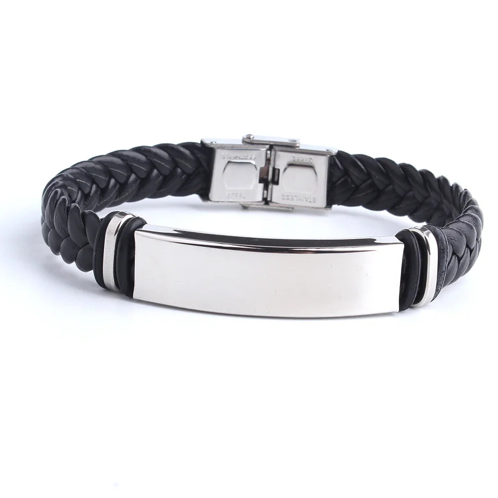 Custom logo Name Engrave Leather Bracelet Black Color customize Stainless Steel Bracelets For Women Men ID Bracelet Vera Lux
