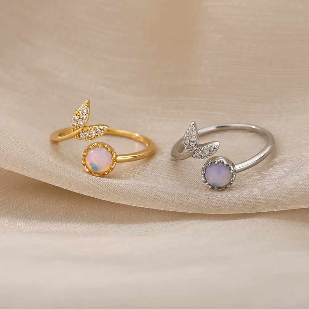 Fashion Leaves Opal Rings For Women Stainless Steel Opal Crystal Stone Leaves Finger Ring Engagement Bohemian Jewelry Gift Vera Lux