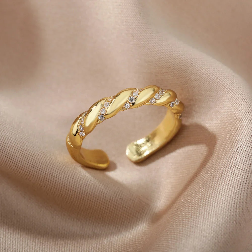 Zircon Twisted Rings For Women Punk Stainless Steel Gold Color Open Ring Geometric Finger Ring Hip Hop Charm Jewelry Gift Vera Lux