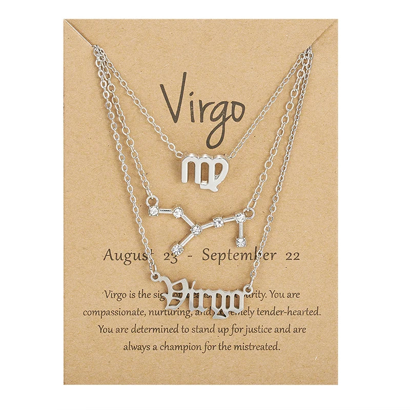 3Pcs/set 12 Zodiac Sign Necklace For Women 12 Constellation Pendant Chain Choker Birthday Jewelry With Cardboard Card Vera Lux