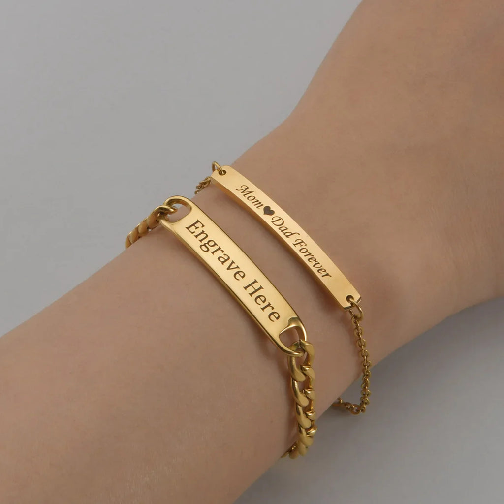 Akizoom Punk Engrave Name Custom Bracelets Gold Color Stainless Steel Thick Hand Chain Customized Couple Men Women Jewelry Gift Vera Lux