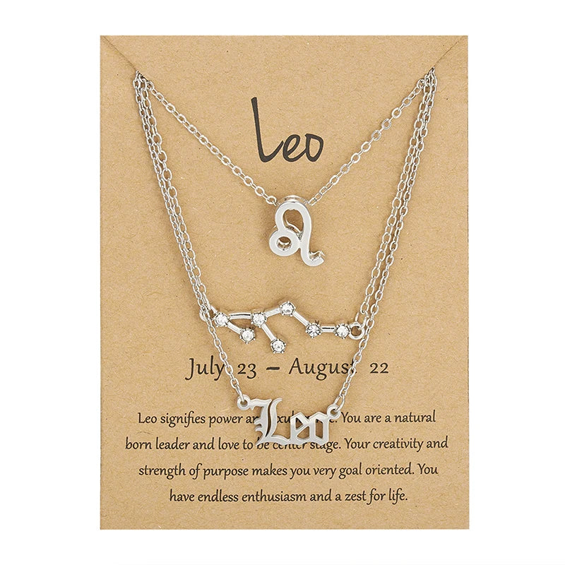 3Pcs/set 12 Zodiac Sign Necklace For Women 12 Constellation Pendant Chain Choker Birthday Jewelry With Cardboard Card Vera Lux