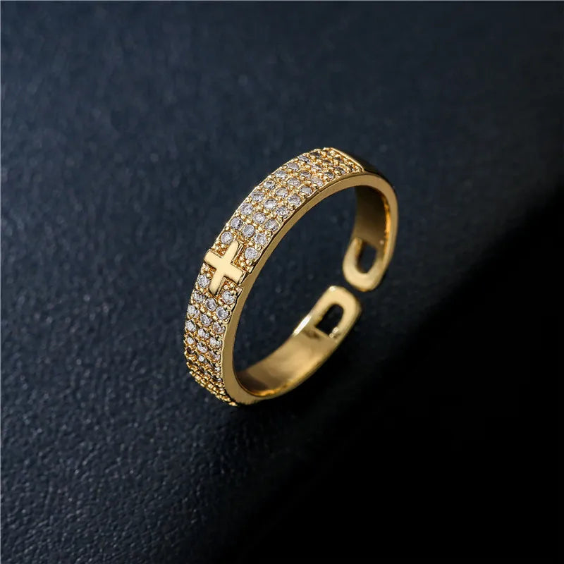 Classic Design Bling Bling Cross Ring 2026 Fashion Gold Color CZ Open Ring Adjustable Wholesale Christian Jewelry Gift Vera Lux