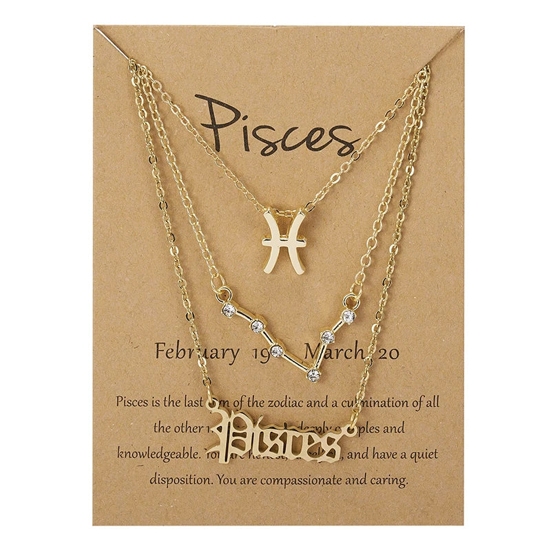 3Pcs/set 12 Zodiac Sign Necklace For Women 12 Constellation Pendant Chain Choker Birthday Jewelry With Cardboard Card Vera Lux