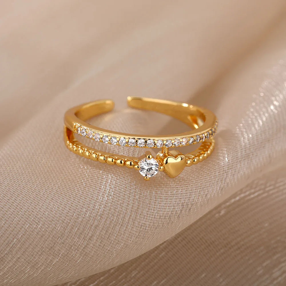 Zircon Heart Rings For Women Stainless Steel Gold Color  Double Heart Ring Wedding Engagement Jewelry Accessories Gift Bijoux Vera Lux